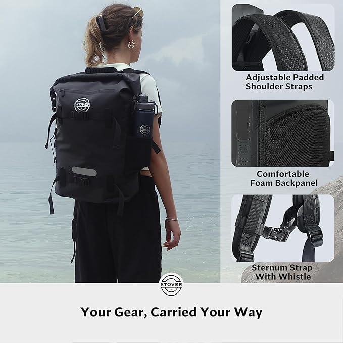 STOVER 5/10/25/30/40/55L Waterproof Dry Backpack- Large Floating Dry Bag for Kayaking, Travel, Tubing, Hiking, Fishing, Camping, Motorcycles & the Beach, Heavy-Duty Roll Top Men/Women (Black)