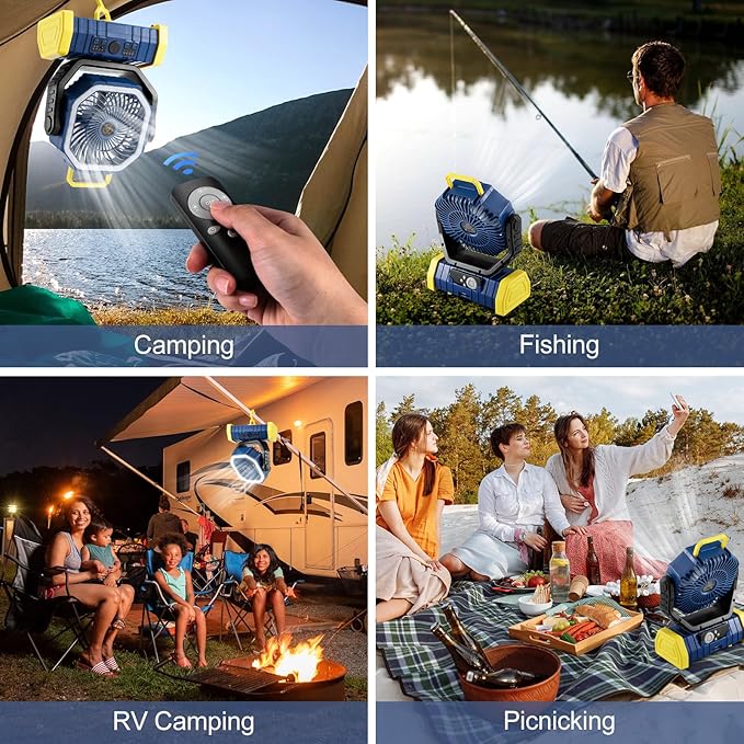 Odoland 30000mAh Camping Fan with LED Lantern, Rechargeable Battery Operated Oscillating with Remote Hook Stroage Bag, Portable Tent Fan with Timer, 4 Speeds for Outdoor RV Jobsite Power Outage, Blue
