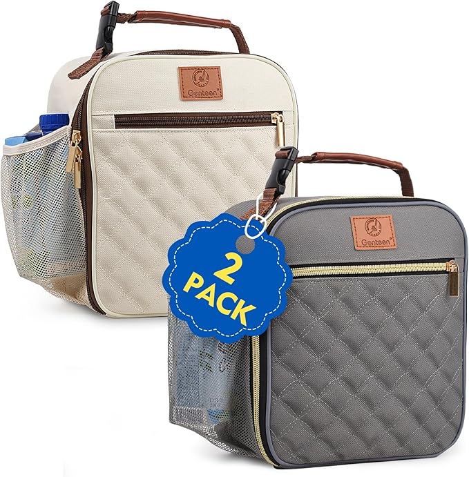 Lunch Bag for Women Men Girls Teens Insulated Leakproof LunchBox for Adult Reusable Lunch Box with Bottle Holder for Work Office School Travel Picnic-Gray/White