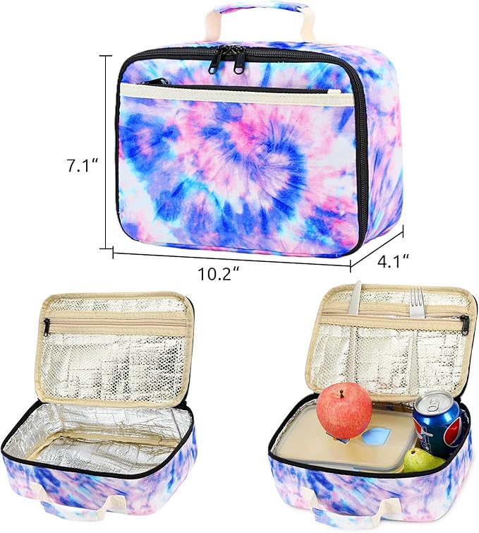 Kids Lunch Box Boys Girls Insulated Lunch Cooler Bag Reusable Lunch Tote Kit for School Travel (Tie-dye blue)
