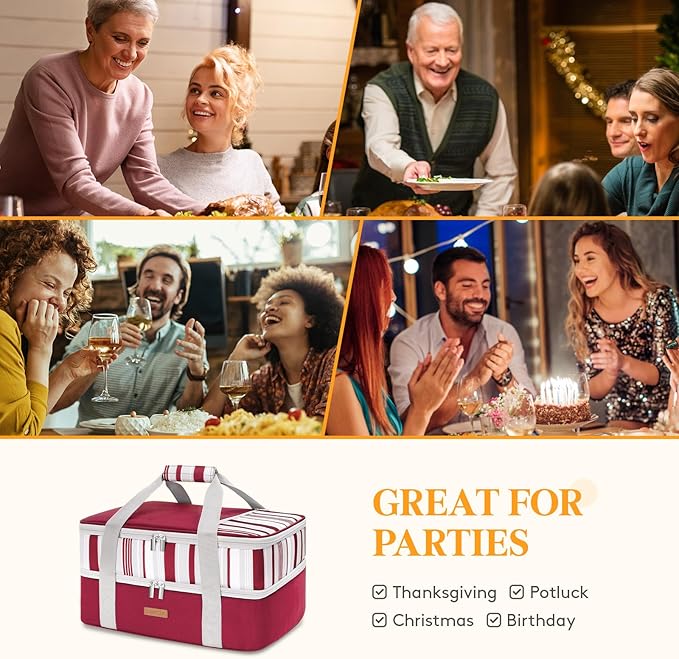 Double Decker Insulated Casserole Carrier for Hot or Cold Food, Lasagna Lugger Tote for Potluck Parties/Picnic/Cookouts, Fits 9"×13" Baking Dish, Red