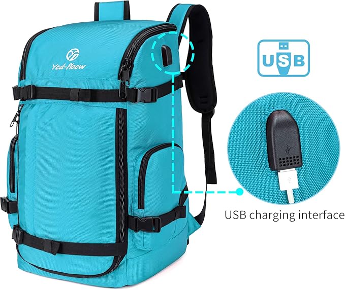 Ski Boot Bag Backpack, 50L Large Capacity Water-Resistant Padded Ski Travel Bag & Snowboard Boot Bag for Ski Boots, Helmet, Goggles, Clothes, Gloves, Snowboard Gear (Cyan)