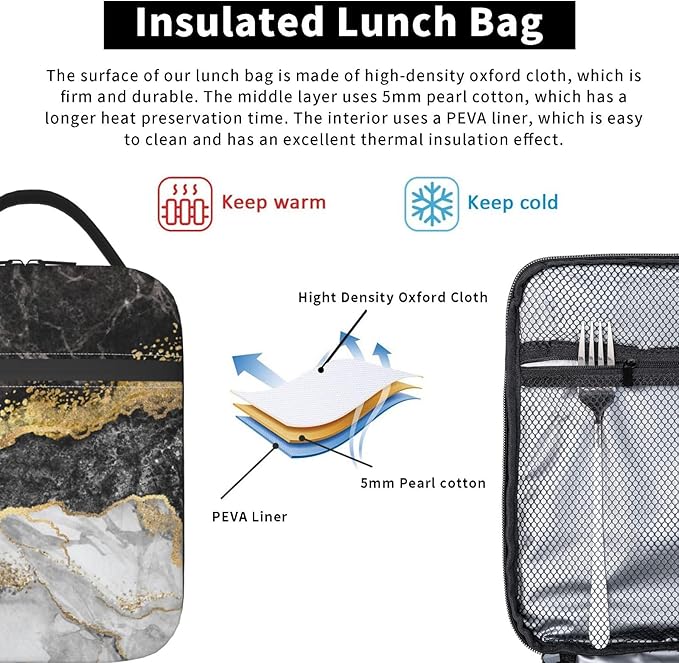 Black Grey Gold Marble Insulated Lunch Bag Reusable Cooler Lunch Box Portable Leakproof Thermal Container Tote Bags for Girls Boys School Travel
