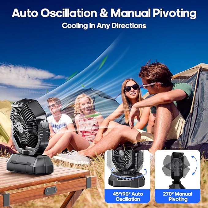 Portable Fan Rechargeable, 20000mAh Battery Powered Fan, LED Light, Remote Controller, Dual-Blade, 90°/270° Swing, 1-3H Timer, Battery Operated fan For Travel Tent Camping Bedroom Office Beach Fishing