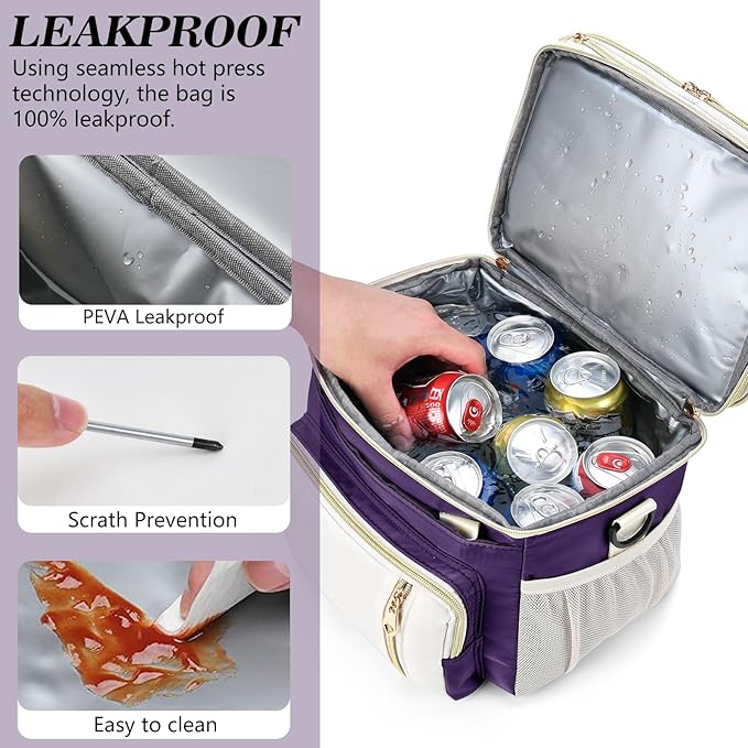 Lunch Box & Lunch Bag for Women, Large Insulated Adult Lunch Box Leakproof Lunchbox Cooler Bag for Work Picnic Beach,16L, Purple & White