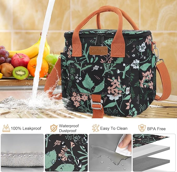 Joymee Large Insulated Lunch Bag for Women Adults, Reusable Waterproof Lunch Box for Work Picnic Camping, Small Lunch Cooler Leakproof Tote with Side Pocket Adjustable Shoulder Strap - Green Leaf