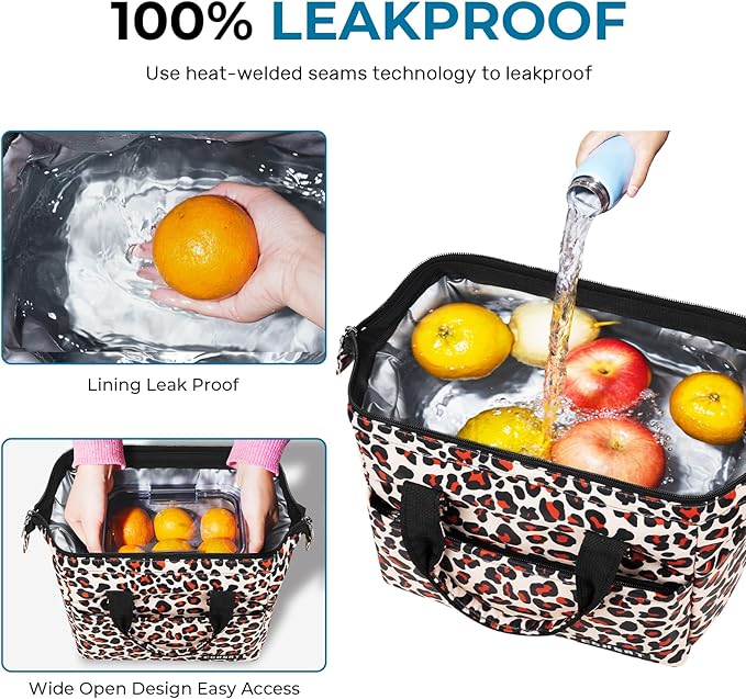 ECHSRT Large Insulated Lunch Bag for Women Men Leakproof Cooler Lunch Tote Bags for Work Travel Adult Thermal Lunchbox for Office -10L Leopard Print