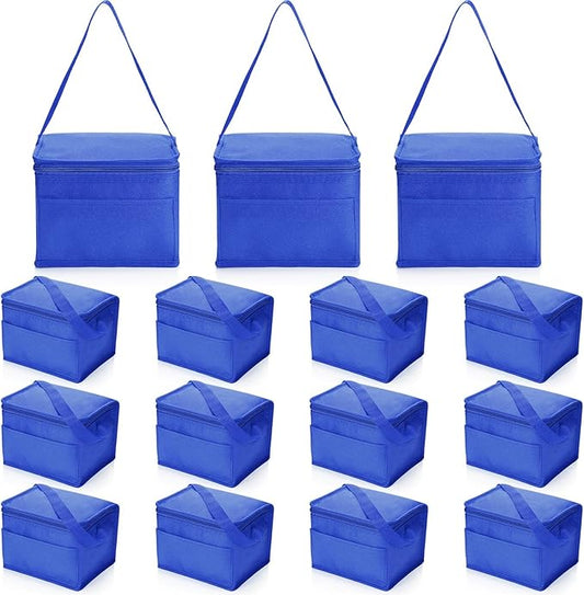 Nuogo 15 Pack Insulated Lunch Bags Bulk, Reusable Cooler Boxes, Leakproof Lunch Boxes Set, Waterproof Thermal Coolers, Insulated Beverage Bag for Women Men Work School Picnic Beach(Blue)