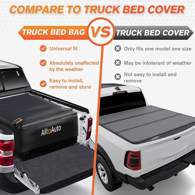 Truck Bed Cargo Bag with Cargo Net, 26 Cubic Feet (51''x40''x22''), 4'x6' Cargo Net Stretches to 8'x12', 100% Waterproof 600D Heavy Duty, Fits Any Truck Size, Convenient for Installation