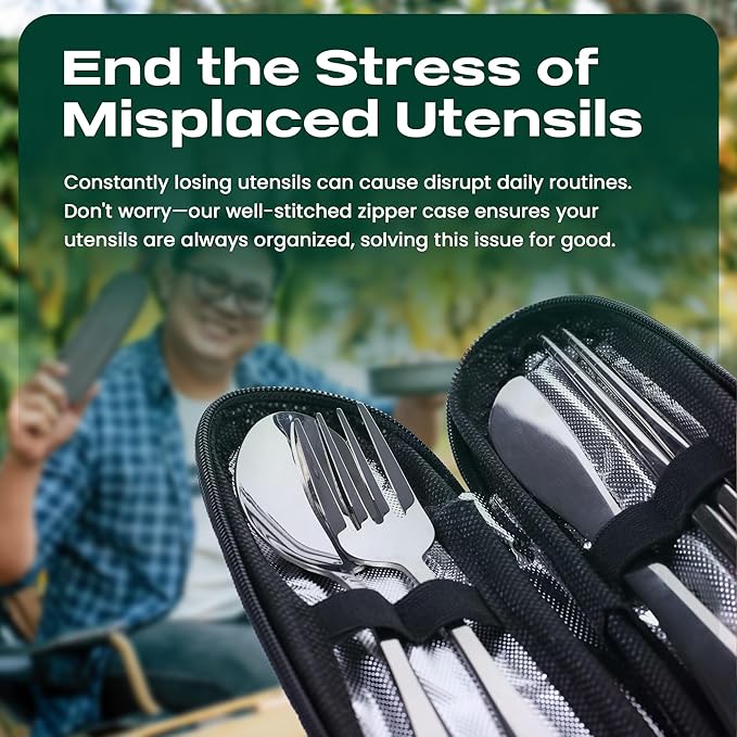 Portable Travel Silverware Set With Case, Includes 5 Pcs of Travel Utensils With Case, Stainless Steel Flatware Set For Camping, Easy to Travel, Lightweight (Silver), Medium, TL-05S