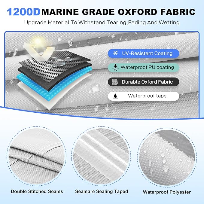 Boat Cover 14-16ft, Bass Tracker Boat Cover with Sand Bag Mooring Kit, 1200D Marine Canvas Waterproof Heavy Duty Boat Covers for 14 feet 15ft 16' Foot V Hull Bass & Runabout Boat,Gray