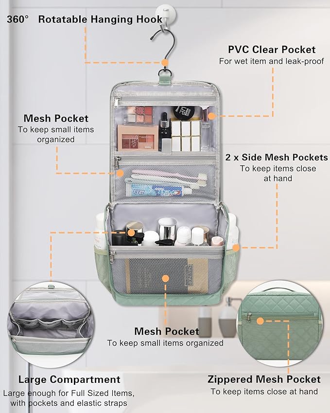 Relavel Toiletry Bag for Men, Hanging Travel Makeup Bag for Women, Waterproof Large Cosmetic Organizer Multiple Compartments for Accessories, Full Sized Toiletries Dopp Kit Shaving Bag (Green, Medium)