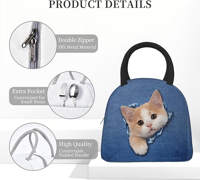 Cute Cat Lunch Bag Lunch Box for Women Men Boys Girls, Reusable Insulated Lunch Tote Bag, Leakproof Thermal Cooler Sack Food Handbags High Capacity for Work School Picnic Camping Gifts