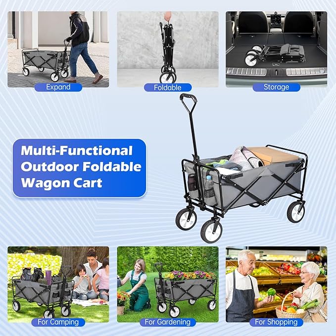 FDW 39''L Collapsible Wagon Cart, Heavy Duty Utility Folding Wagon for Outdoor Sports, 330 LBS Weight Capacity, Camping, Garden, and Shopping, Grey