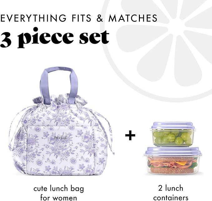 Fit & Fresh Lunch Bag For Women, Insulated Womens Lunch Bag For Work, Stain-Resistant Large Lunch Box For Women With Containers, Cinch Closure Cromwell Bag, Lavender Floral Toile