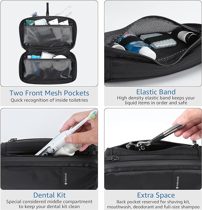 Purevave Compact Mens Toiletry Travel Bag Hanging, Mens Dopp Kit for Travel Waterproof, Wash Pouch Black