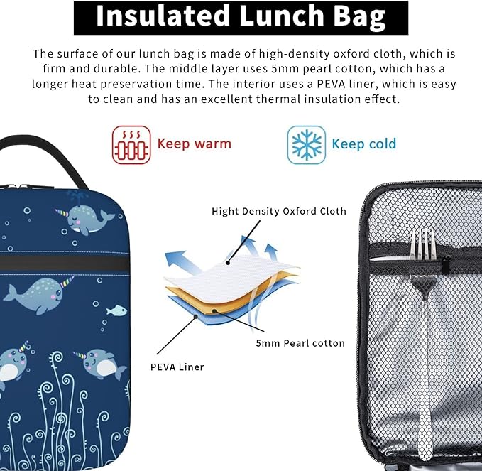 Cute Sea Narwhal Lunch Box Reusable Insulated Totes Lunch Bag Thermal Cooler For Boy Girls School Men Women Beach Picnic Travel
