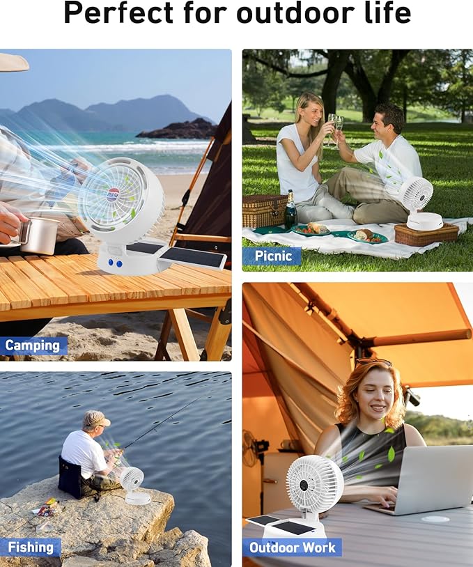 10400mAh Solar Camping Fan with LED Lantern, Rechargeable Portable Fan with 5W Solar Panel, Battery Operated Personal Fan for Outside Picnic, Fishing, Outdoor Tent Fan for Camping Essentials