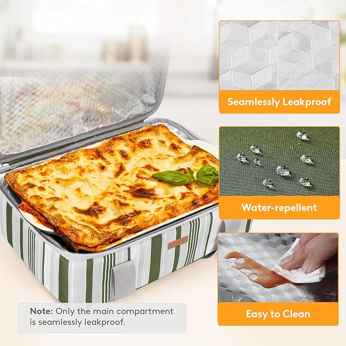 Insulated Casserole Carrier for Hot or Cold Food, Lasagna Lugger Tote for Potluck Parties/Picnic/Cookouts, Fits 9"×13" Baking Dish, Dark Green