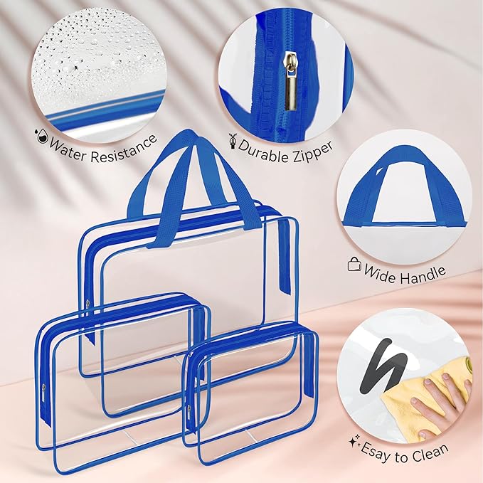 TISRATOK 10 PCS Clear Travel Makeup Toiletry Bag, Plastic PVC Cosmetic TSA Approved Organizer Kit with Zipper Handbag（Blue）