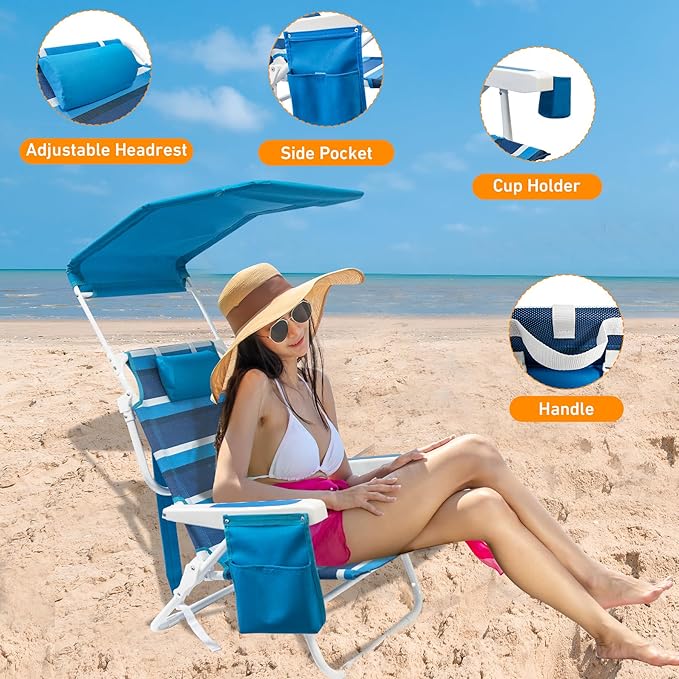 Beach Chair 2 Pack, 5 Positions Textilene Folding Reclining Beach Chair with Backpack Straps, Cooler Bag & Cup Holder for Outdoor Lawn Camping