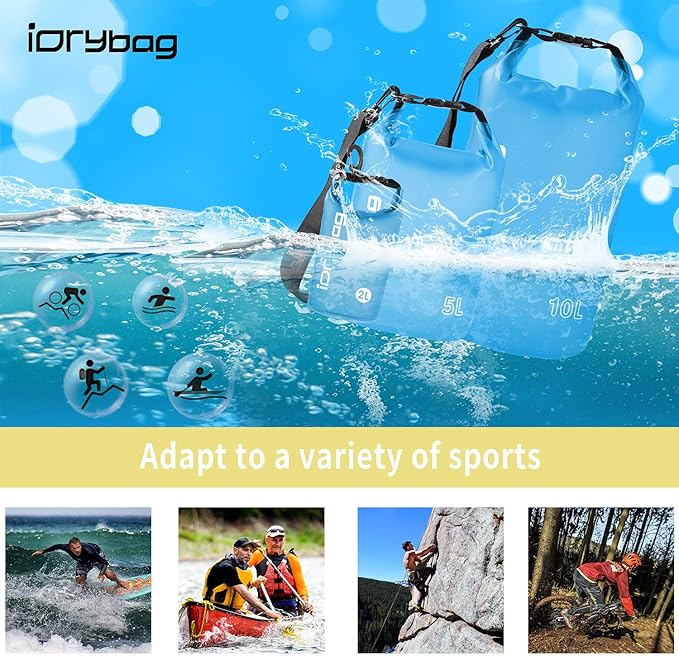 IDRYBAG Clear Dry Bag Waterproof 2L/5L/10L/15L/20L, Small Dry Sack Waterproof Bag for Kayaking