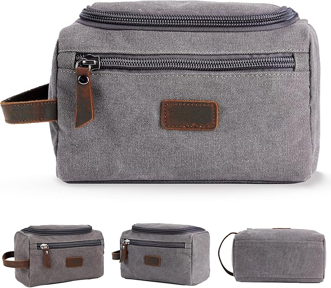 Men's Canvas Toiletry Bag, Large Capacity Men's Travel Portable Toiletry Bag, Organizer Dopp Kit Leather Accessory, Water-resistant Shaving Pouch, Birthday/Anniversary/Groomsmen Gifts for Him- Grey