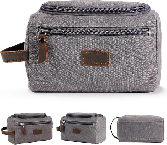 Men's Canvas Toiletry Bag, Large Capacity Men's Travel Portable Toiletry Bag, Organizer Dopp Kit Leather Accessory, Water-resistant Shaving Pouch, Birthday/Anniversary/Groomsmen Gifts for Him- Grey