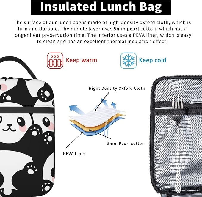 Cute Panda Print Lunch Box Reusable Insulated Lunch Bag Thermal Cooler Tote For Boys Girls Teen School Men Women Picnic Travel Hiking