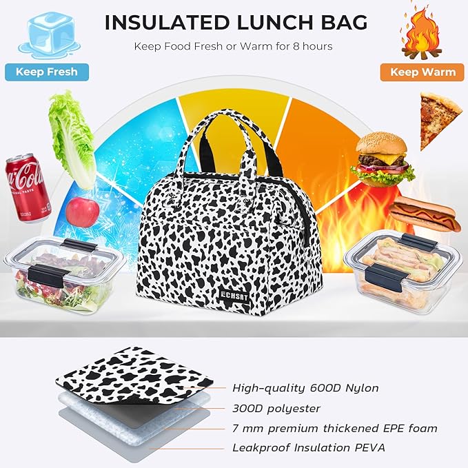 ECHSRT Large Insulated Lunch Bag for Women Men Leakproof Cooler Lunch Tote Bags for Work Travel Adult Thermal Lunchbox for Office -10L Cow Print