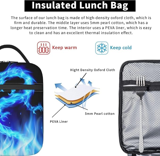 Blue Ice Dragon Lunch Box for Kids Boys Girls, Insulated Lunch Bag for Women Men, Leakproof Durable Lunch Cooler for School Work Travel