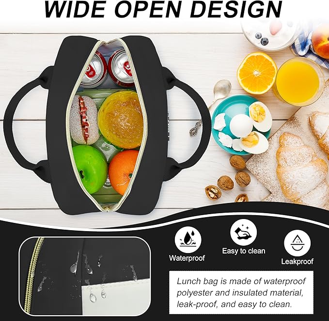 LOKASS Lunch Bag for Women-Insulated Adults Lunch Box with Front Pocket- Small Cute Lunch Tote for Work-Reusable Cooler Bag for Office Picnic Beach or Travel（Black）