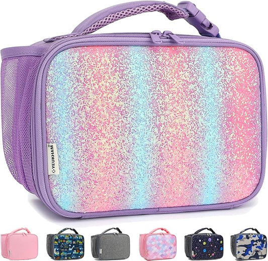 Insulated Lunch Box for School, Thermal Reusable Durable Freezable Lunch Bags for Kids Boys Girls Men Women - Small Soft Cooler Portable Lunch Tote Kit for Work Picnic Travel,Purple Glitter