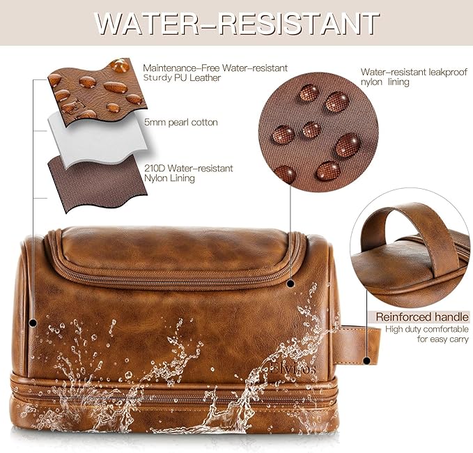 Elviros Toiletry Bag for Mens PU Leather Travel Organizer Kit with Hanging hook, Large Water-resistant Toiletries Bathroom Shaving Bags (Extra Large, Brown)