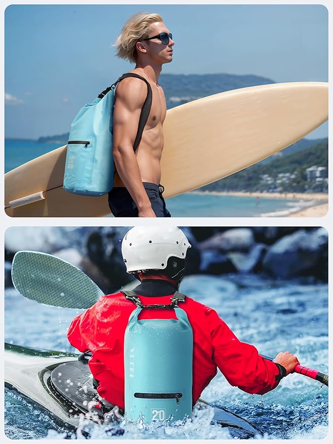 HEETA Waterproof Dry Bag with Front Zippered Pocket for Women Men, 5L/10L/20L/30L/40L Roll Top Lightweight Dry Storage Bag Backpack for Travel, Kayaking, Boating, Rafting, Camping, Hiking & Beach