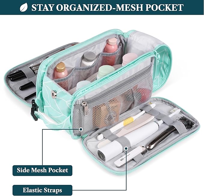 PAVILIA Large Toiletry Bag for Men Women, Mens Travel Bag Toiletries Organizer Case for Grooming, Travel Essentials Shaving Dopp Kit, PU Leather Water Resistant Cosmetic Pouch, Teal Chevron