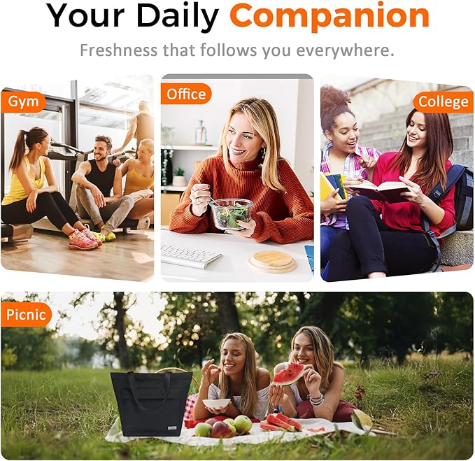 Moyad Insulated Lunch Bag for Women Men, Reusable Thermal Food Carrier Bag, Camping/Travel/Outdoor Cooler Handbag, Black