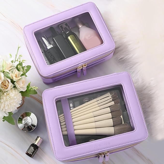 Aveniee Clear Makeup Bags, Double Layer Cosmetic Bags with a Separate Brush Compartment, Large Travel Toiletry Bag Train Case for Women, Travel Accessories Organizer(2 Layers Large, Lilac)