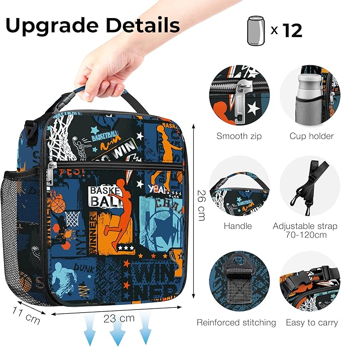 Clastyle Black Street Basketball Insulated Lunch Bag for Kids, Portable Large Thermal Cooler Lunch Bag for Boys, School Lunch Box Bag with Bottle Holder