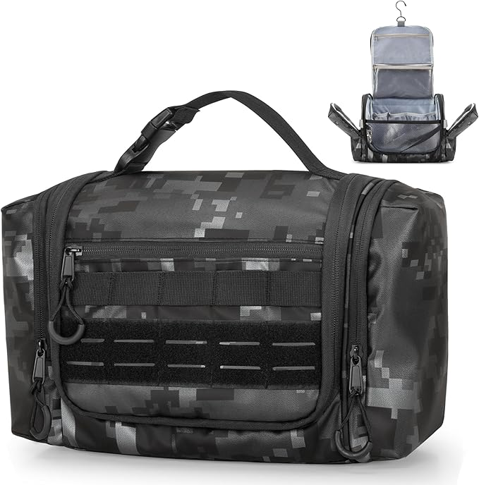 Hanging Toiletry Bag for Men, Tactical Dopp Kit Toiletry Travel Bag, Large Hygiene Organizer Shower Bag for Camping Outdoor, Black Digital