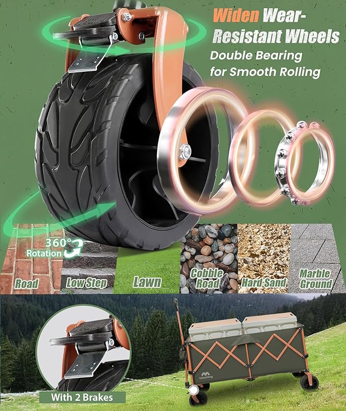 48”L Foldable Wagons Carts Extended, Collapsible Folding Wagon 500lbs Heavy Duty, 400L Large Beach Wagon, Utility Wagon with All Terrain Big Wheels for Sports, Camping, Grocery, Garden, Green