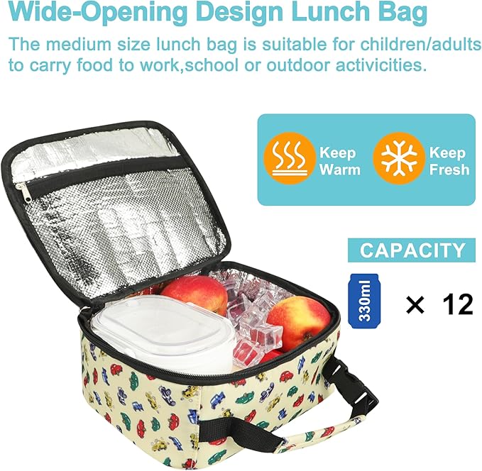 esouler Lunch Box Kids Insulated Lunch Bag for Boys & Girls Durable Children Lunchbox for School with Water Bottle Holder-Car