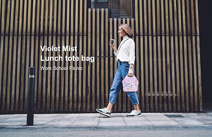 Violet Mist Unicorn Pink Neoprene Lunch Bag Cute Insulated Reusable Lunch Box Thermal Lunch Bags Tote Waterproof Thick Lunch Handbag with Zipper Thanksgiving Christmas Gifts Work Picnic