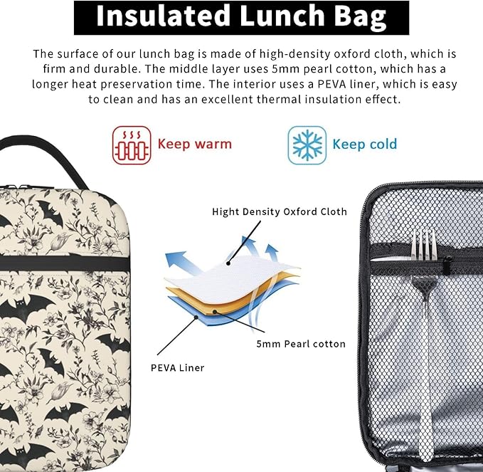 Bat Lunch Bag Insulated Reusable Lunch Box Thermal Cooler Tote For Men Women Work Travel Picnic Hiking