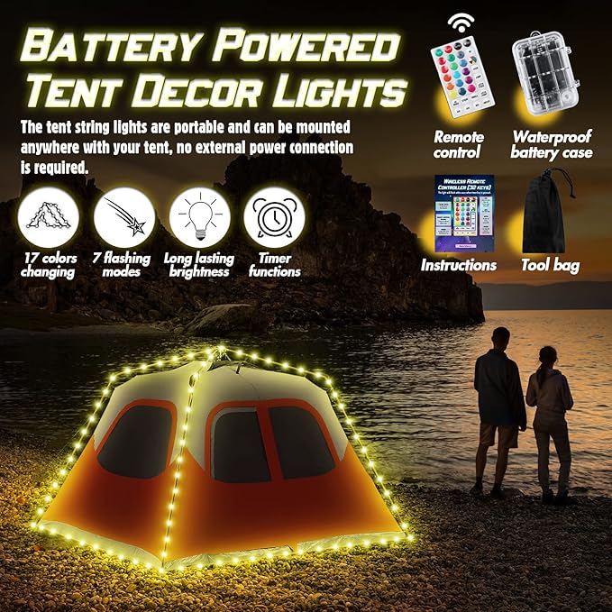 Camping Tent String Lights (40FT), 17 Colors 7 Flashing Modes LED Rope Lights Battery Operated with Remote Control, Waterproof Camping Tent Light Outdoor for Night Camping, RV (Tent Not Include)