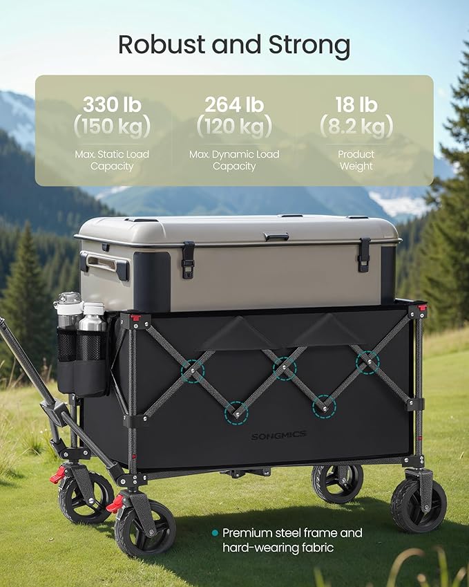 SONGMICS 40-Gallon Collaspible Wagon, Wagons Carts Foldable, for Camping Garden Outdoor, with Handle, Holds up to 330 lb, 4 Removable Wheels, Space-Saving, Ink Black UGFW115B01