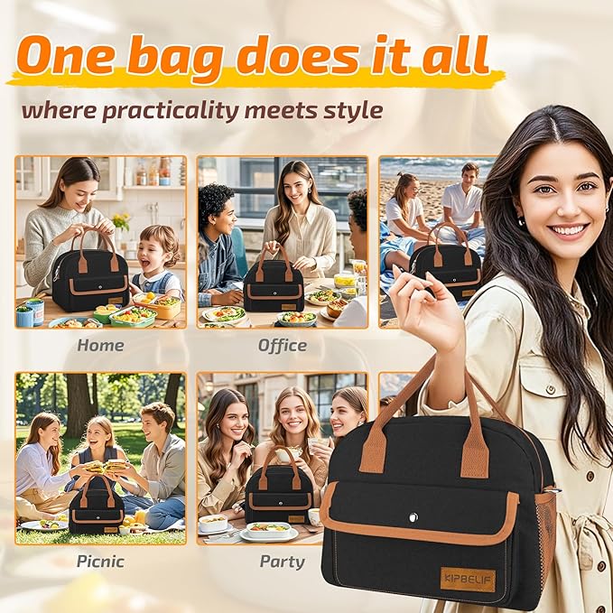 KIPBELIF Cute & Roomy Adult Lunch Box for Women – Stylish Insulated Lunch Bag with Cooling Pack, Shoulder Strap, Multi-Pockets for Work, Picnic, and Travel (Standard Size)