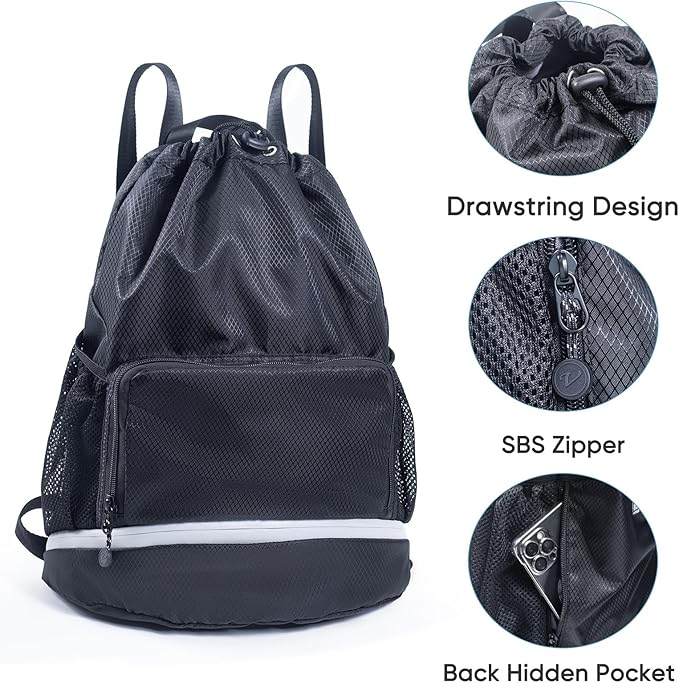 Swim Beach Sports Drawstring Backpack - Gym Bag with Shoes Compartment and Waterproof Pocket for Gym Accessories, Swim Essentials - Kids Mens Beach Workout Bag
