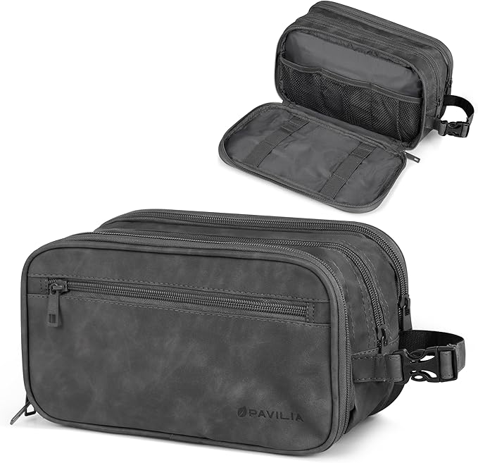 PAVILIA Toiletry Bag for Men, Travel Toiletries Bag | Water-resistant Dopp Kit, PU Leather Shaving Pouch Organizer for Accessories, Cosmetic, Hygiene, Grooming Essentials (Black)