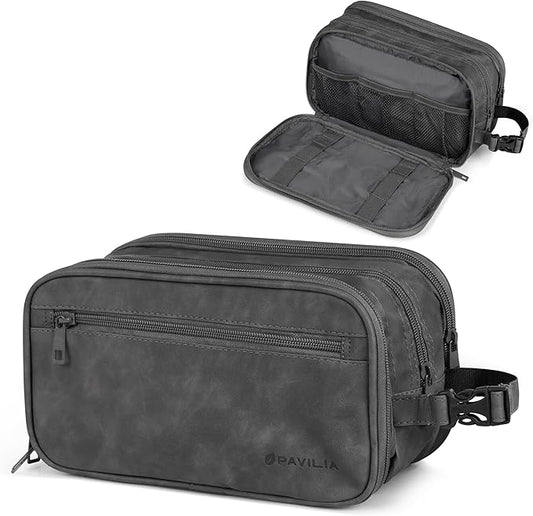 PAVILIA Toiletry Bag for Men, Travel Toiletries Bag | Water-resistant Dopp Kit, PU Leather Shaving Pouch Organizer for Accessories, Cosmetic, Hygiene, Grooming Essentials (Black)